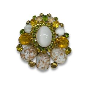 Signed Schreiner Brooch Gold Tone with Citrine and Green Rhinestone Collectible